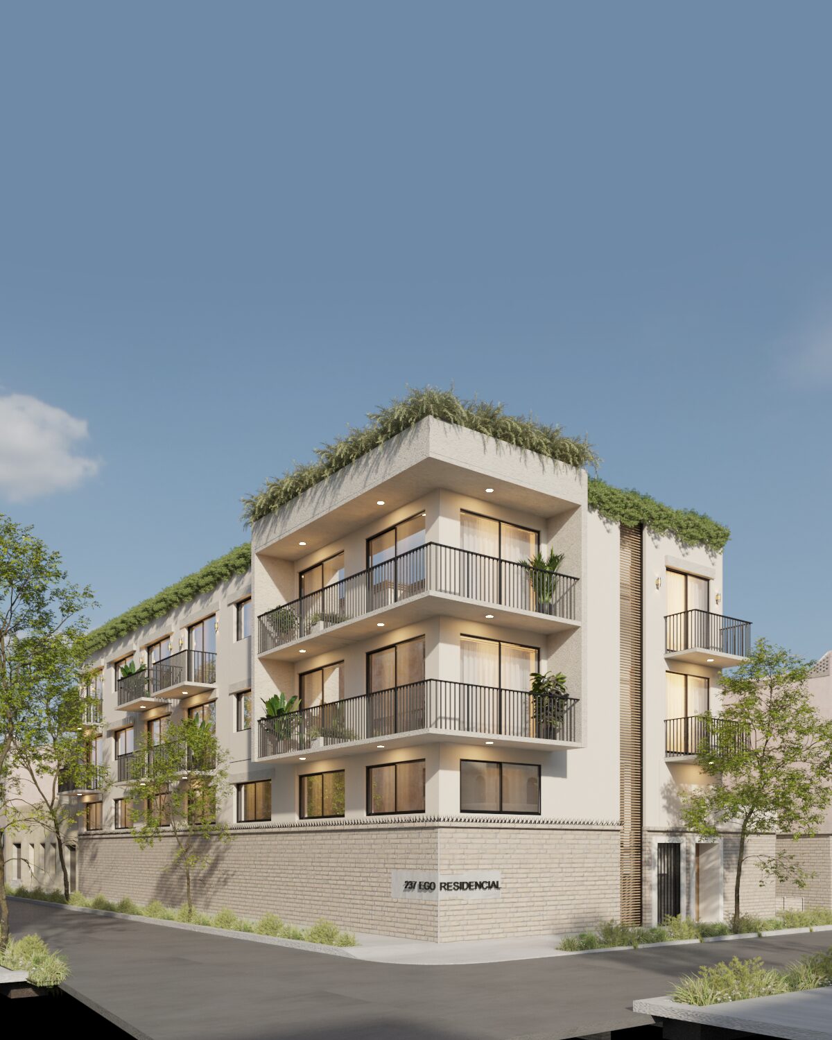 Sleek apartment complex with greenery integrated into the balconies and a bright, modern exterior.