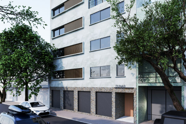 Daytime perspective of a minimalist-style white apartment building with large windows, surrounded by trees and parked cars.