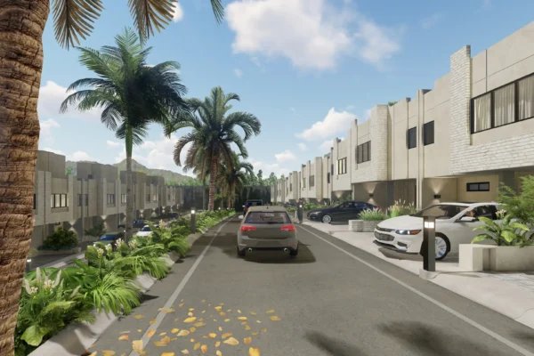 Tree-lined street with palm trees and modern townhouses in a serene setting.