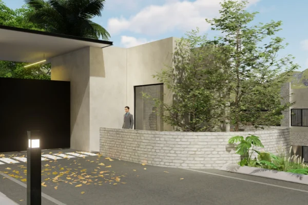 Stylish gated entrance with greenery and a contemporary design, ensuring privacy and security.